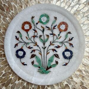 Pietra Dura White Marble Semi Precious Inlay Round Plate Handmade 11" Floral